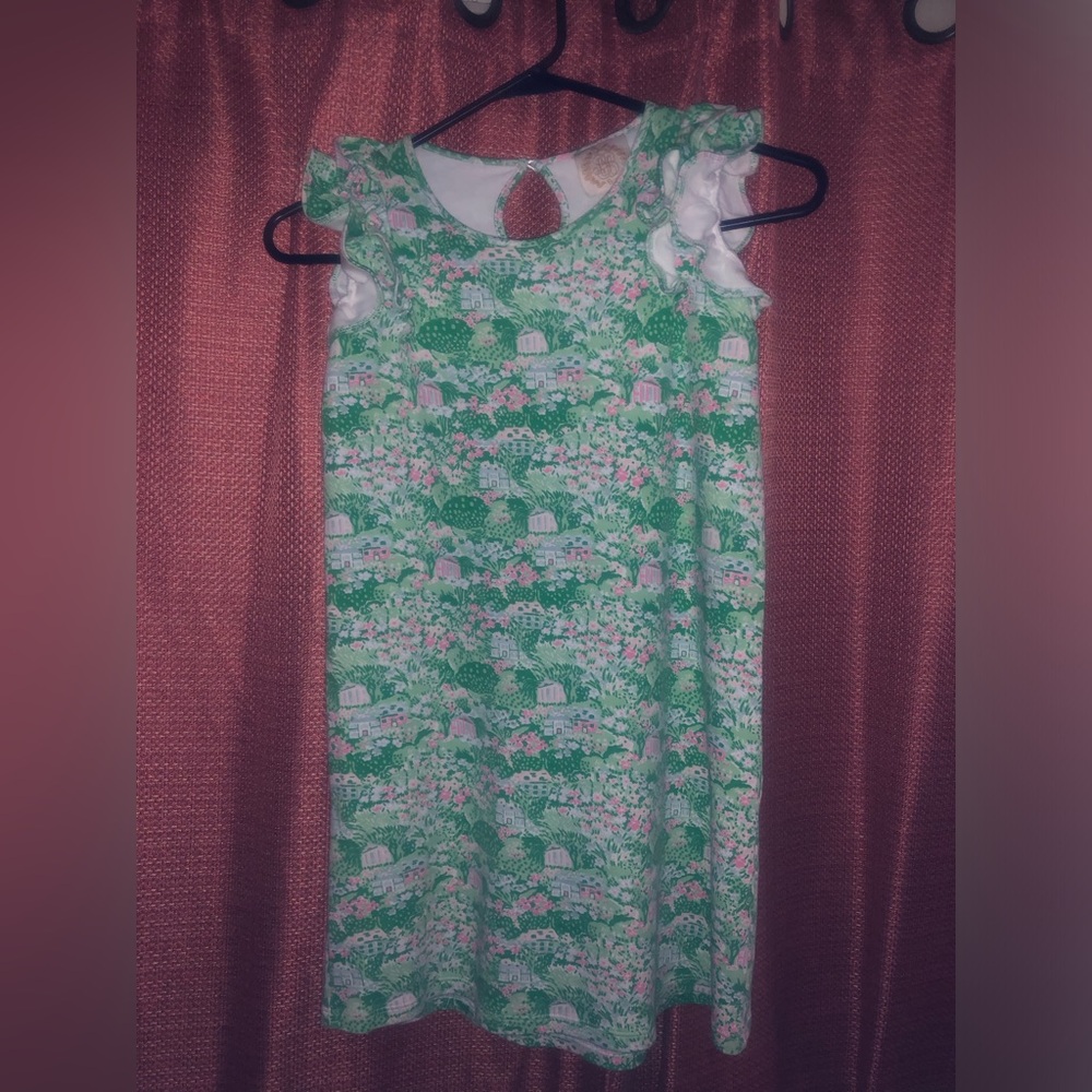 The Beaufort Bonnet Company Green & Pink Floral Ruffle Sleeve Shift Dress Easter